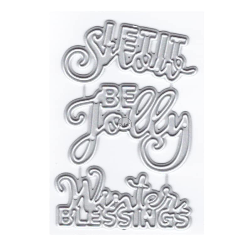 以下が含まれることがあります： クラフト用の金属製ダイカットステンシル3枚セット。ステンシルには、「Let it snow」、「Be Jolly」、「Winter Blessings」のフレーズが書かれています。