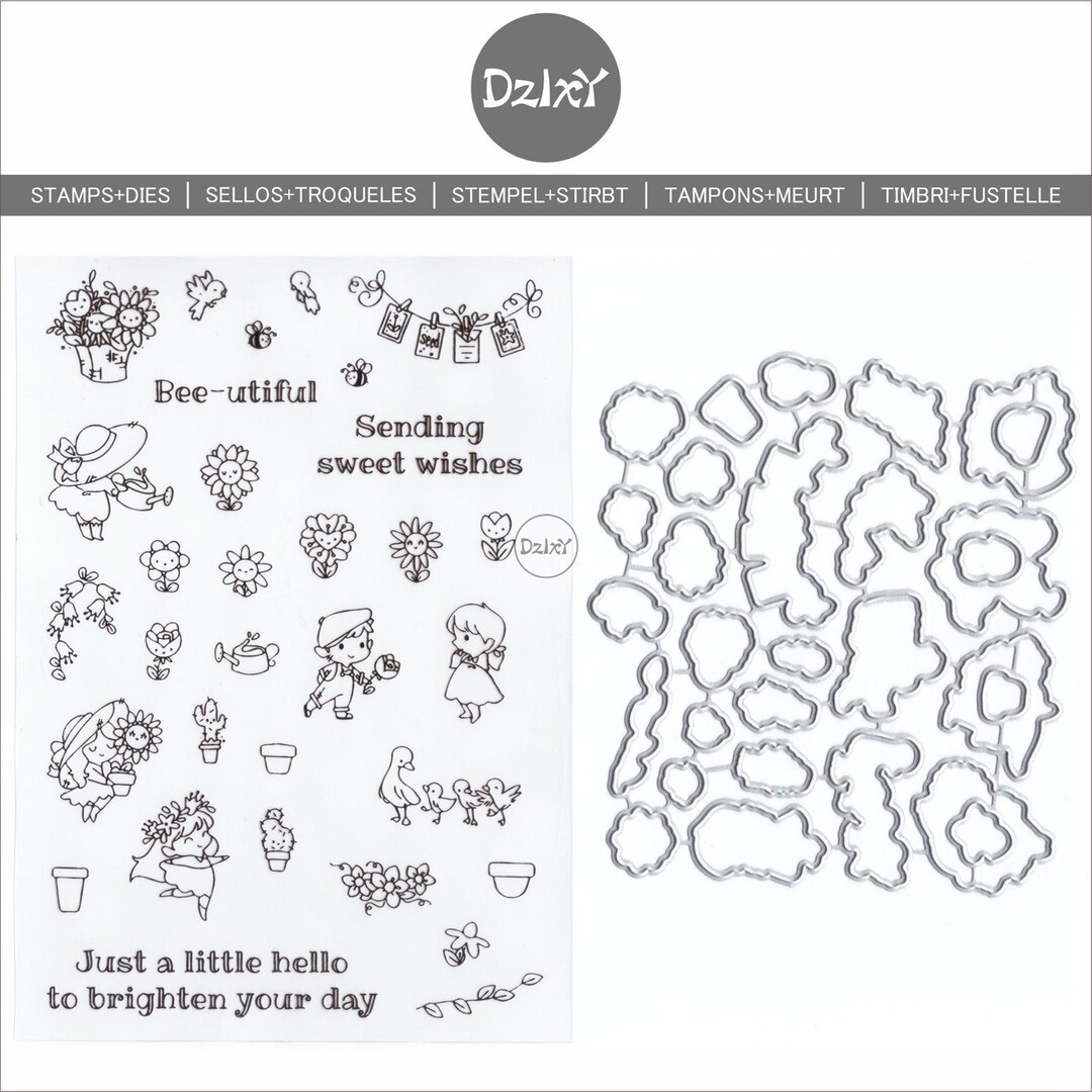 Dzixy Flower Girl Boy Clear Stamps and Metal Cutting Dies for Card ...