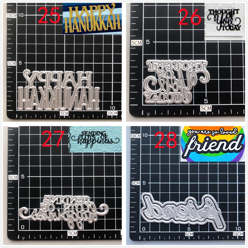 Pu&ograve; includere: Quattro stencil in metallo tagliati a laser per l'artigianato. Gli stencil sono numerati da 25 a 28. Lo stencil 25 dice "Happy Hanukkah". Lo stencil 26 dice "Thought of you today". Lo stencil 27 dice "Sending lots of happiness". Lo stencil 28 dice "You are so loved friend".