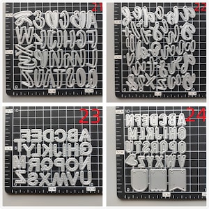 Może przedstawiać: Cztery arkusze metalowych szablon&oacute;w alfabetu do rękodzieła. Każdy arkusz zawiera inny styl dużych liter, cyfr i symboli. Arkusze są oznaczone numerami 1, 2, 3 i 4.