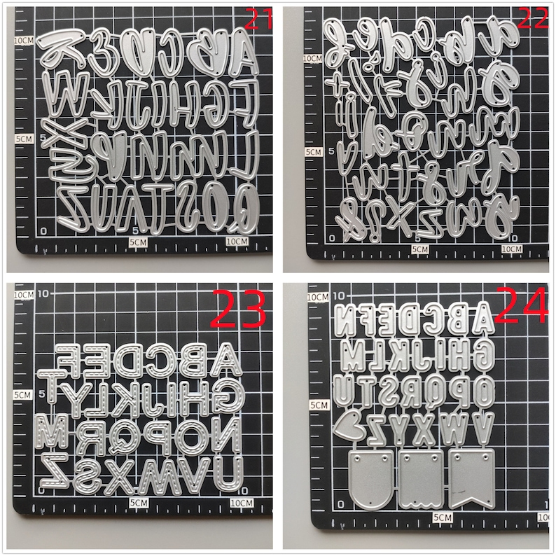 Może przedstawiać: Cztery arkusze metalowych szablon&oacute;w alfabetu do rękodzieła. Każdy arkusz zawiera inny styl dużych liter, cyfr i symboli. Arkusze są oznaczone numerami 1, 2, 3 i 4.