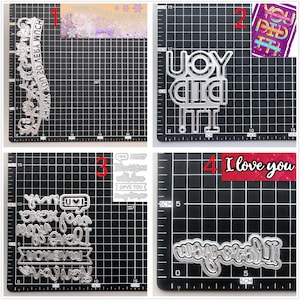 Pu&ograve; includere: Quattro stencil in metallo tagliati a laser per l'artigianato. Gli stencil presentano le frasi "Grazie mille", "Ce l'hai fatta", "Sei tutto per me" e "Ti amo".