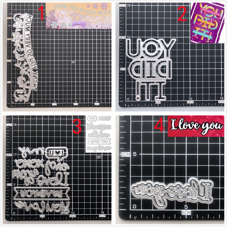 Pu&ograve; includere: Quattro stencil in metallo tagliati a laser per l'artigianato. Gli stencil presentano le frasi "Grazie mille", "Ce l'hai fatta", "Sei tutto per me" e "Ti amo".