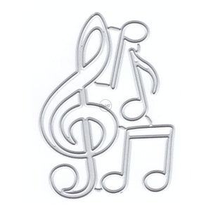 May include: Metal die cut of a treble clef and musical notes. The die cut is silver in color and is designed for use in scrapbooking, card making, and other paper crafts.