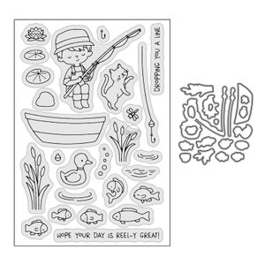 DzIxY Boy Fishing Cats Clear Stamps e matrizes de corte de metal para fazer cartões, selos, bolsos de armazenamento, conjunto de estênceis de relevo de papel