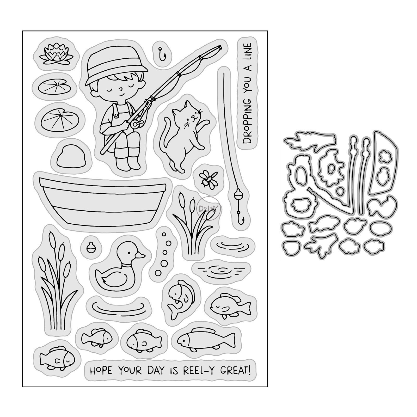 DzIxY Boy Fishing Cats Clear Stamps and Metal Cutting Dies For Card Making Seals Storage Pockets Set Paper Embossing Stencils