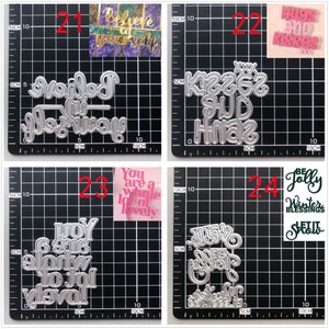 Pu&ograve; includere: Quattro stencil in metallo tagliati a morire per l'artigianato. Gli stencil presentano le frasi "Credi in te stesso", "Abbracci e baci", "Sei un sacco d'amore" e "Sii allegro Benedizioni invernali Lascia che nevichi".