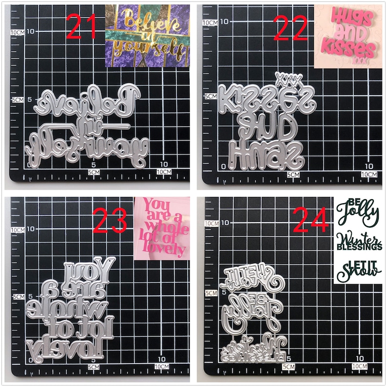 Pu&ograve; includere: Quattro stencil in metallo tagliati a morire per l'artigianato. Gli stencil presentano le frasi "Credi in te stesso", "Abbracci e baci", "Sei un sacco d'amore" e "Sii allegro Benedizioni invernali Lascia che nevichi".