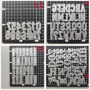 Może przedstawiać: Cztery arkusze metalowych szablon&oacute;w z literami i cyframi. Szablony są ułożone w cztery rzędy, każdy rząd zawiera inny zestaw liter lub cyfr. Szablony są wykonane ze srebrnego metalu i mają błyszczące wykończenie. Szablony są oznaczone numerami 13, 14, 15 i 16.