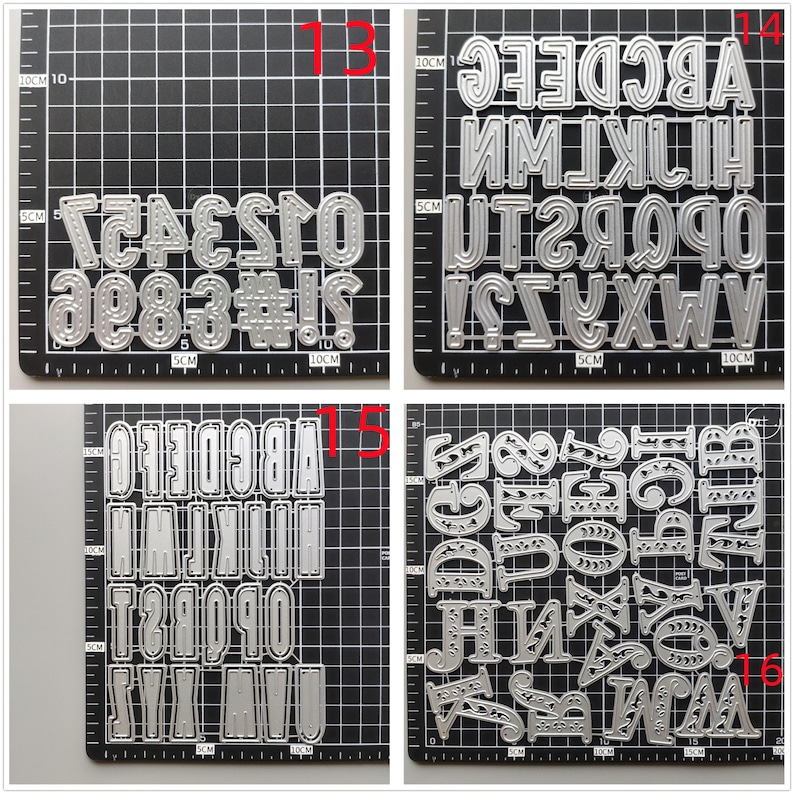 Może przedstawiać: Cztery arkusze metalowych szablon&oacute;w z literami i cyframi. Szablony są ułożone w cztery rzędy, każdy rząd zawiera inny zestaw liter lub cyfr. Szablony są wykonane ze srebrnego metalu i mają błyszczące wykończenie. Szablony są oznaczone numerami 13, 14, 15 i 16.