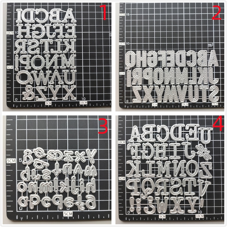 Może przedstawiać: Cztery arkusze metalowych szablon&oacute;w alfabetu do rękodzieła. Każdy arkusz ma inny styl dużych liter, cyfr i znak&oacute;w interpunkcyjnych. Arkusze są ułożone na czarnym tle siatki.