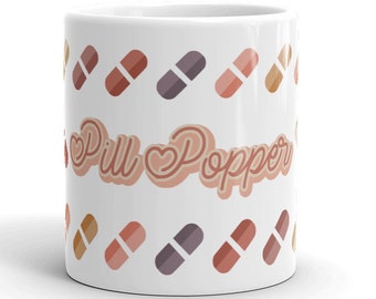 Pill Popper mug, Medication coffee mug, pink pill cup, neutral mug