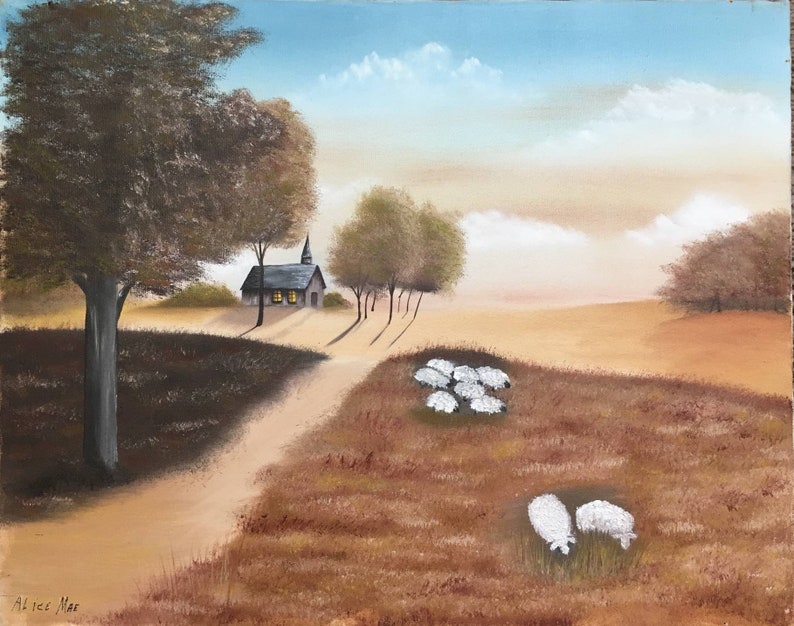 Original Oil Painting Primitive Folk Art Farmland Landscape Amish Mennonite Pennsylvania Dutch Mid-century