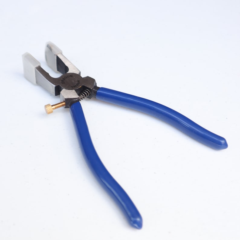 May include: Blue handled pliers with a silver metal head and a small brass screw. The pliers are designed for crimping.