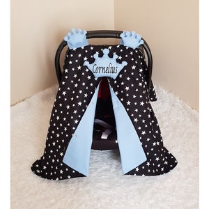 Baby Carseat Cover Boy , Personalized Baby Car seat Cover Boy , Black and Blue Colors , 3 Cowns , Boy Baby Shower Gift , Handmade Canopy