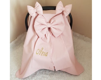 Blush Pink Baby Car Seat Cover Girl with 3 Bows and Gold Name Embroidery , Personalized Carseat Canopy Cover Baby Girl , Girl Baby Gift