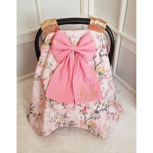 Floral Pink Girl Baby Car Seat Cover , Personalized Carseat Canopy Girl with Gold Name Embroidery and Bow , Baby Shower Gift Girl
