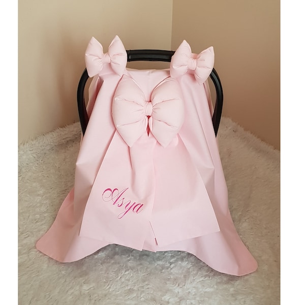 Light Baby Pink Personalizado Baby Carseat Cover Girl, 3 Arcos Esponjosos, Carseat Canopy Baby Girl, Fucsia Nombre Bordado / Baby Shower Regalo