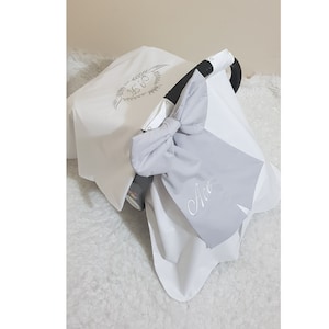 Personalized Baby Car Seat Cover / Customized Baby Car Seat Canopy / White and Gray Colors with Name Embroidery / Baby Shower Gift