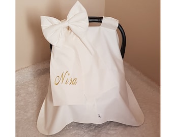 Light Cream Baby Car Seat Cover Girl with Gold Name Embroidery , Personalized Carseat Canopy Baby Girl , Baby Shower Gift for Baby Girl