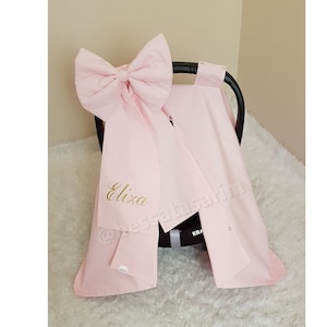 Light Baby Pink Baby Car Seat Cover Girl , Personalized Carseat Canopy Baby Girl with Bow and Gold Name Embroidery , Girl Baby Shower Gift