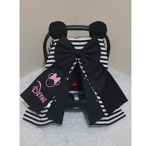 ミニーマウスモデル ベビーカーシートカバー 女の子、ピンクの名前刺繍入りカスタムブラックベビーカーシートキャノピー女の子、女の子のベビーシャワーギフト