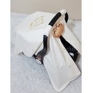 Light Cream Baby Car Seat Cover with Gold Name Embroidery and Sequin Crown , Personalized Baby Carseat Canopy Boy and Girl , Newborn Gift