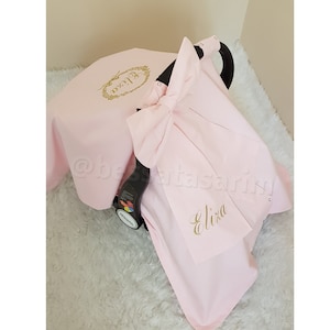 Light Baby Pink Baby Car Seat Cover Girl , Custom Carseat Canopy Baby Girl , Gold Name Embroidery , Personalized Girl Baby Shower Gift