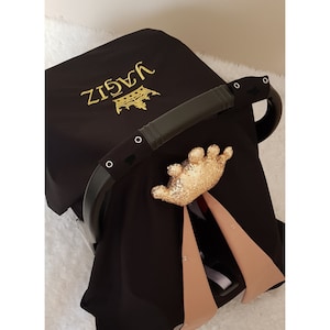 Personalized Baby Car Seat Cover Boy , Custom Baby Car Seat Canopy Boy , Black and Cappuccino Colors with Gold Crown , Baby Shower Gift Boy