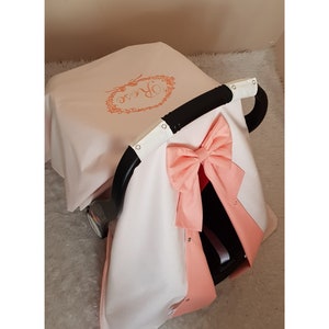 Light Cream and Peach Baby Carseat Cover Girl , Personalized Carseat Canopy Baby Girl with Name Embroidery and Bow , Baby Shower Gift Girl