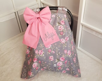 Floral Gray and Pink Baby Car Seat Canopy Girl , Personalized Carseat Cover Baby Girl , Custom Baby Shower Gift for Girl