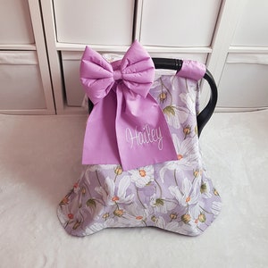 Lavender Purple Baby Carseat Cover Girl / Custom Baby Carseat Canopy Girl / Personalized Baby Shower Gift for Girl / Name Embroidery Bow