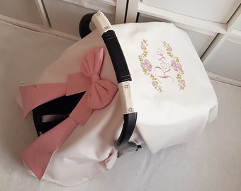 Light Cream and Blush Pink Baby Car Seat Cover Girl with Floral Embroidery , Custom Baby Carseat Canopy Cover Girl , Girl Baby Shower Gift