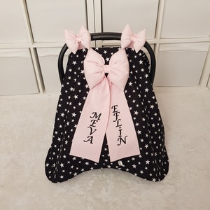 Light Baby Pink Girl Carseat Canopy Cover with 3 Fluffy Bows and Name Embroidery , Personalized Baby Carseat Canopy Girl , Baby Shower Gift