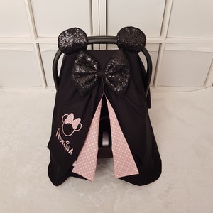 Minnie Maus Baby Autositz Bezug Mädchen / Schwarze Pailletten Schleife und Ohren / Schwarz und Rosa Baby Autositz Baldachin Mädchen / Geschenk für Baby Mädchen