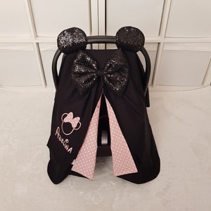 Minnie Mouse Baby Carseat Cover Girl / Black Sequin Bow and Ears / Black and Pink Baby Carseat Canopy Girl / Gift for Baby Girl