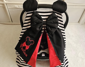 Mickey Mouse Car Seat Cover Baby Boy , Personalized Disney Black and Red Baby Carseat Canopy Boy , Custom Baby Shower Gift for Boy