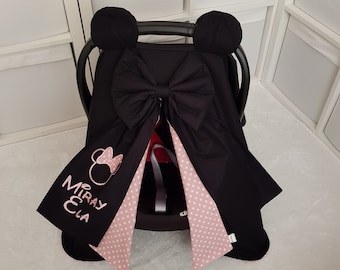 Minnie Mouse Black and Pink Baby Car Seat Cover Girl with Name Embroidery , Personalized Disney Car Seat Canopy Cover Baby Girl with Bow