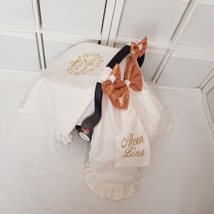 Light Cream Baby Car Seat Cover Girl with Ruffle , 3 Gold Sequin Bows , Gold Floral Name Embroidery , Custom Carseat Canopy Cover Girl