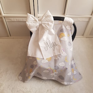 Car Seat Canopy Cover for Baby Girl, Gray and White Colors with Name Embroidery, Personalized Carseat Cover Baby Girl, Baby Shower Gift Girl