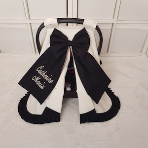 Personalized Baby Carseat Cover with Bow / Custom Baby Carseat Canopy with Ruffle / Gift for Baby Girl / Black and Light Cream / %100 Cotton