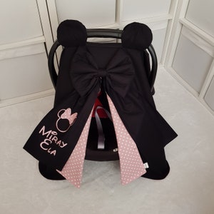 Funda para asiento de coche de bebé de Minnie Mouse en color negro y rosa para niña con nombre bordado, funda personalizada para asiento de coche de Disney para niña con lazo