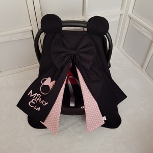 Minnie Mouse Black and Pink Baby Car Seat Cover Girl with Name Embroidery , Personalized Disney Car Seat Canopy Cover Baby Girl with Bow