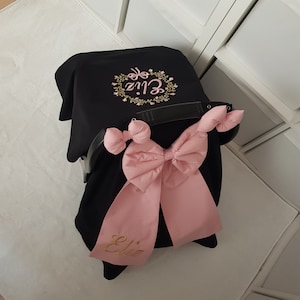 Black and Blush Pink Baby Car Seat Cover Girl with Floral Name Embroidery ,3 Bows , Personalized Carseat Canopy Baby Girl , Baby Girl Gift