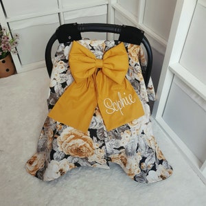 Baby Car Seat Cover Girl / Personalized Carseat Canopy Baby Girl / Girl Baby Shower Gift / Floral Black and Mustard Colors