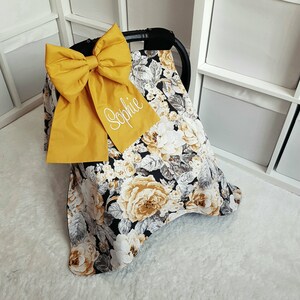 Floral Baby Car Seat Cover Girl , Black and Mustard Colors Baby Car Seat Canopy , Baby Shower Gift for Baby Girl