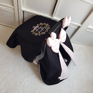 Personalized Baby Car Seat Cover Girl , Black and Light Pink Baby Carseat Canopy Girl with 3 Bows , Baby Gift for Girl , Flower Embroidery