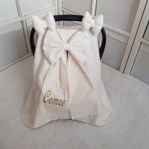 Light Cream Baby Car Seat Canopy Girl , Custom Baby Car Seat Cover Girl , Gold Name Embroidery , 3 Bows , Baby Shower Gift for Baby Girl