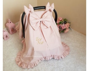 Blush Pink Custom Baby Carseat Cover Girl with Ruffle and Gold Name Embroidery , Personalized Baby Carseat Canopy Girl with 3 Bows