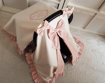Blush Pink and Light Cream Baby Car Seat Cover Girl with Ruffle, Personalized Baby Carseat Canopy Girl with 3 Pink Bows, Baby Gift for Girl